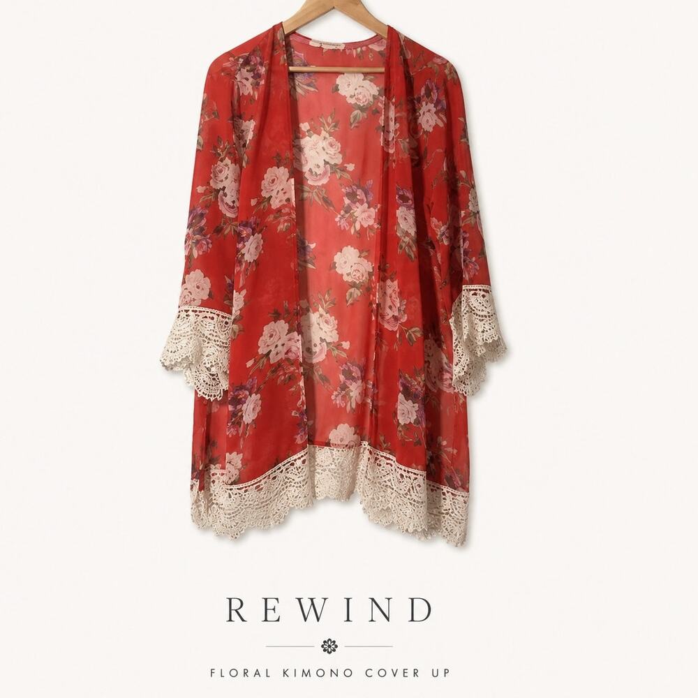 Rewind Red Floral Lace Trim Kimono Cover Up Open Front Sheer Boho Size Large